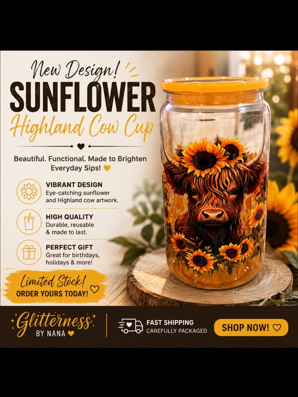 Sunflower Highland Cow Cup with Orange Lid